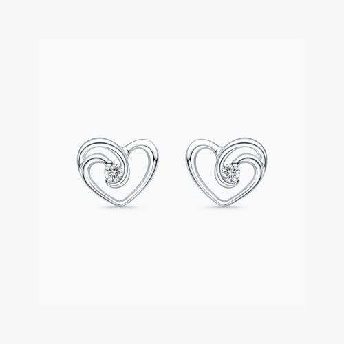 Minimalist Ripple of Heart Diamond Stud Earrings in 9k White Gold