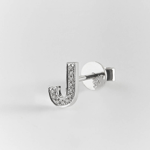 Alphabet J Pavé Diamond Stud Earring in 9k White Gold